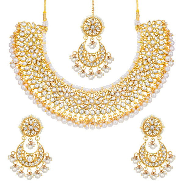 Etnico 18K Gold Plated Traditional Handcrafted Faux Kundan & Pearl Studded Bridal Choker Necklace Jewellery Set with Earrings & Maang Tikka (K7076W)