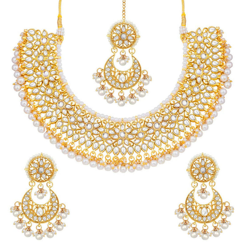 Etnico 18K Gold Plated Traditional Handcrafted Faux Kundan & Pearl Studded Bridal Choker Necklace Jewellery Set with Earrings & Maang Tikka (K7076W)