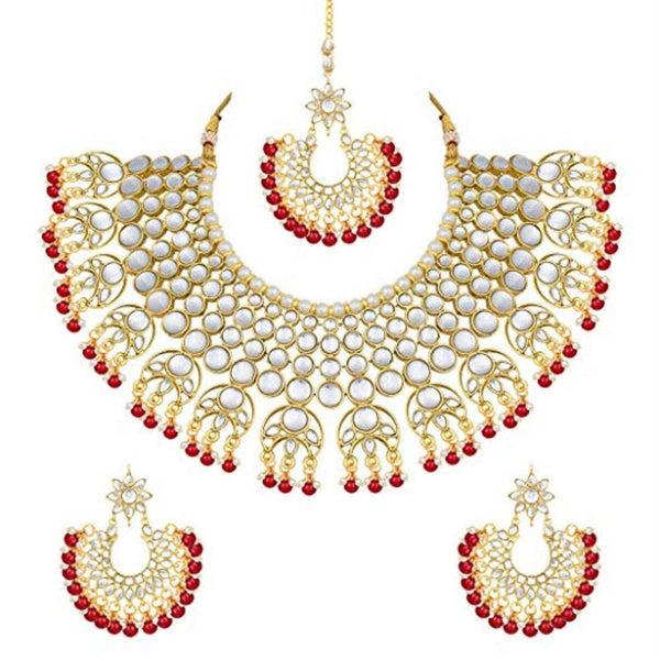 Etnico 18K Gold Plated Traditional Handcrafted Faux Kundan & Pearl Studded Bridal Choker Necklace Jewellery Set with Earrings & Maang Tikka (K7077M)