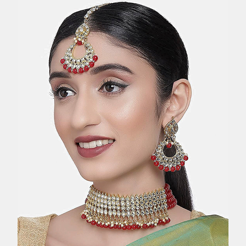 Etnico 18K Gold-Plated Kundan & Pearl Studded Choker Necklace Jewellery Set for Women Kundan & Girls (K7083R)