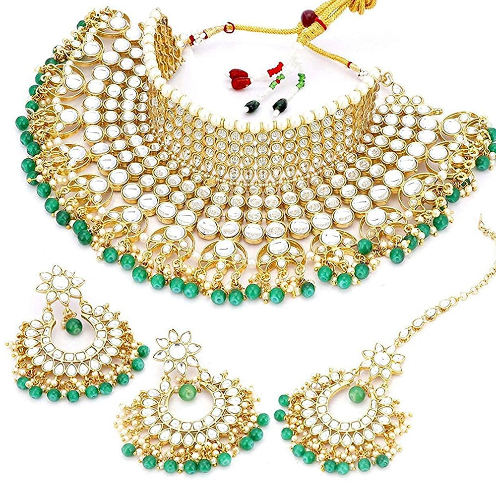 Etnico 18K Gold Plated Traditional Kundan & Pearl Studded Bridal Choker Necklace Jewellery Set for Women (K7085)