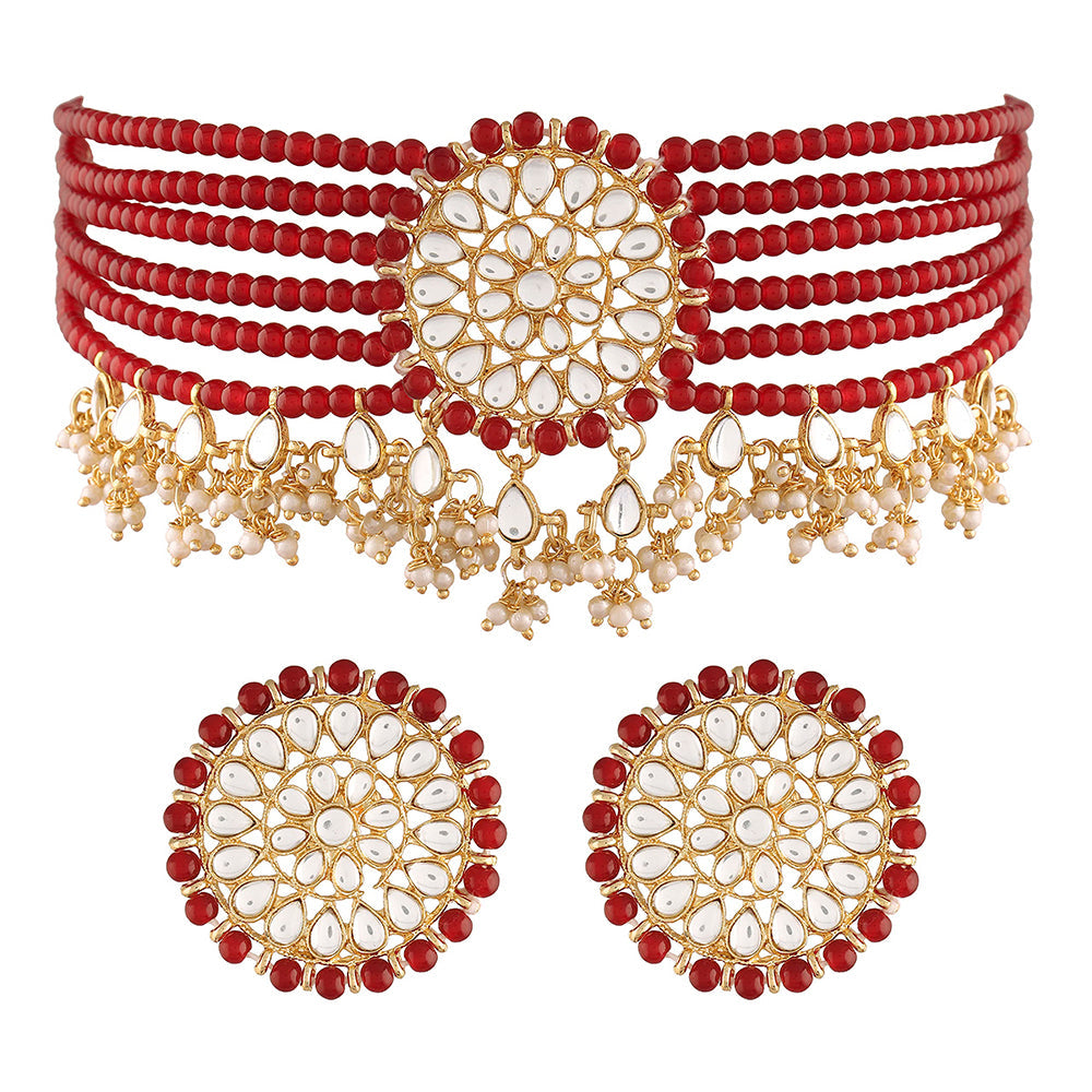 Etnico 18k Gold Plated Traditional Choker Set Glided With Kundan & Pearls For Women/Girls (K7097M)