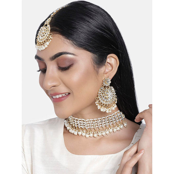 Etnico18K Gold Plated Traditional Kundan & Pearl Studded Choker Necklace Jewellery Set For Women (K7201G)