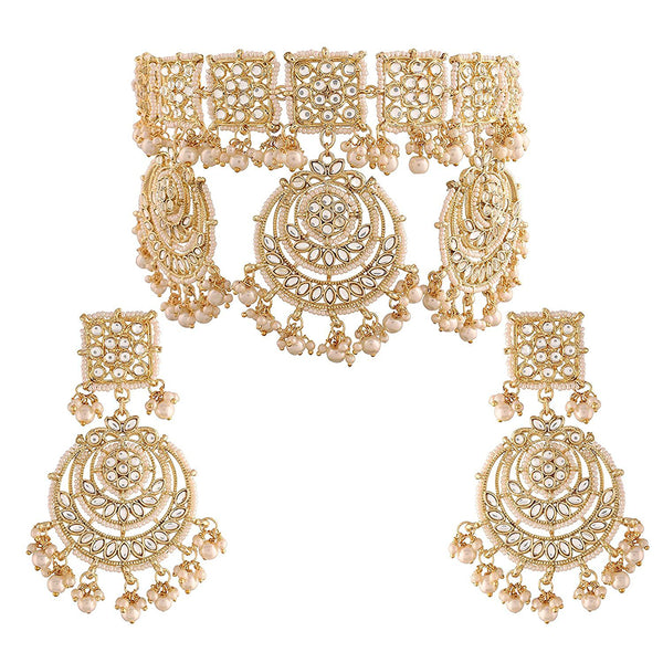 Etnico18k Gold Plated Traditional Pearl Kundan Studded Choker Jewellery Necklace Set for Women (K7202W)