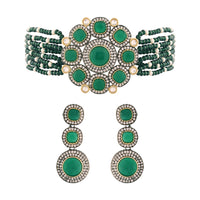 Etnico 18k Gold Plated Traditional Green Stone Studded & Beaded Choker Necklace Jewellery Set For Women/Girls (K7205G)