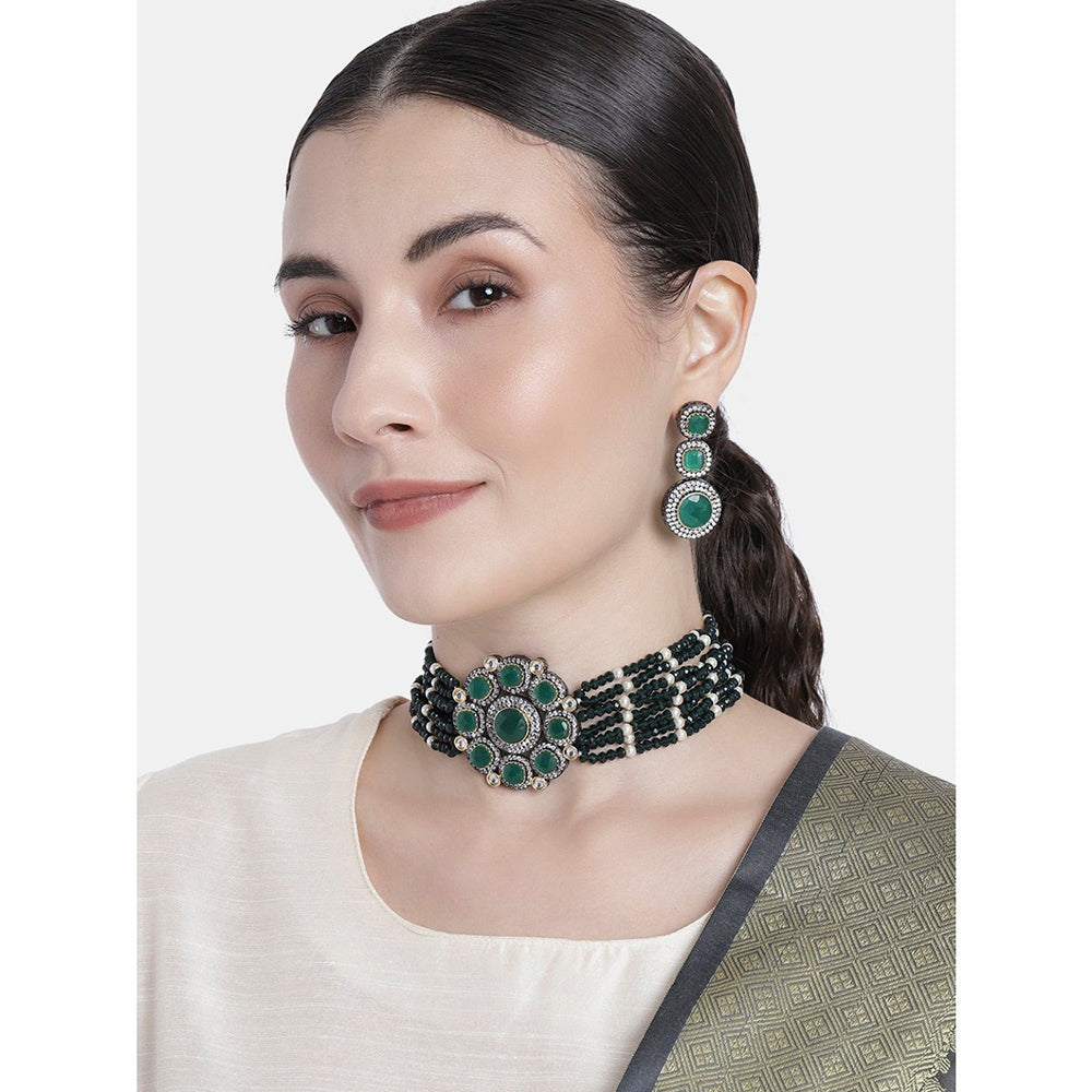 Etnico 18k Gold Plated Traditional Green Stone Studded & Beaded Choker Necklace Jewellery Set For Women/Girls (K7205G)