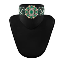 Etnico 18k Gold Plated Traditional Green Stone Studded & Beaded Choker Necklace Jewellery Set For Women/Girls (K7205G)