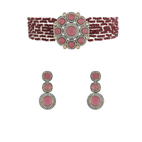 Etnico 18k Gold Plated Traditional Maroon Stone Studded & Beaded Choker Necklace Jewellery Set For Women/Girls (K7205M)