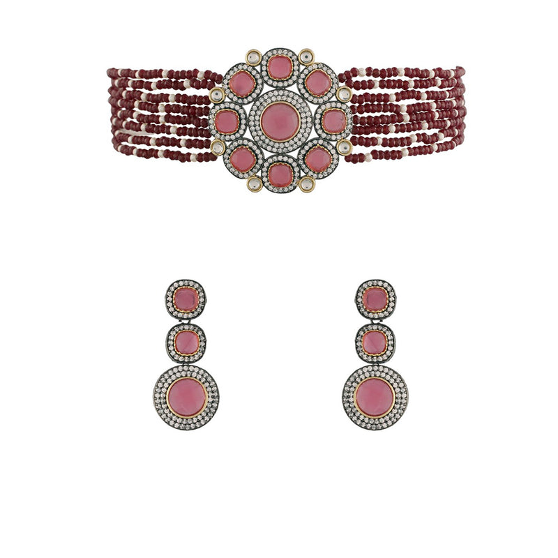 Etnico 18k Gold Plated Traditional Maroon Stone Studded & Beaded Choker Necklace Jewellery Set For Women/Girls (K7205M)
