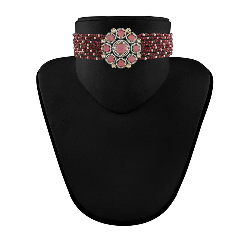 Etnico 18k Gold Plated Traditional Maroon Stone Studded & Beaded Choker Necklace Jewellery Set For Women/Girls (K7205M)