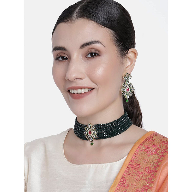 Etnico 18k Gold Plated Traditional Choker Set Glided With Kundan & Beads For Women/Girls (K7207G)