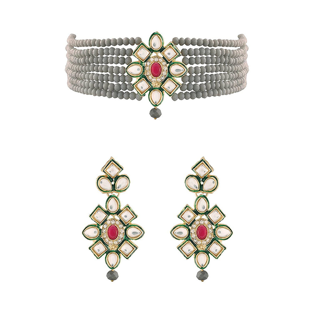 Etnico 18k Gold Plated Traditional Choker Set Glided With Kundan & Beads For Women/Girls (K7207Gr)