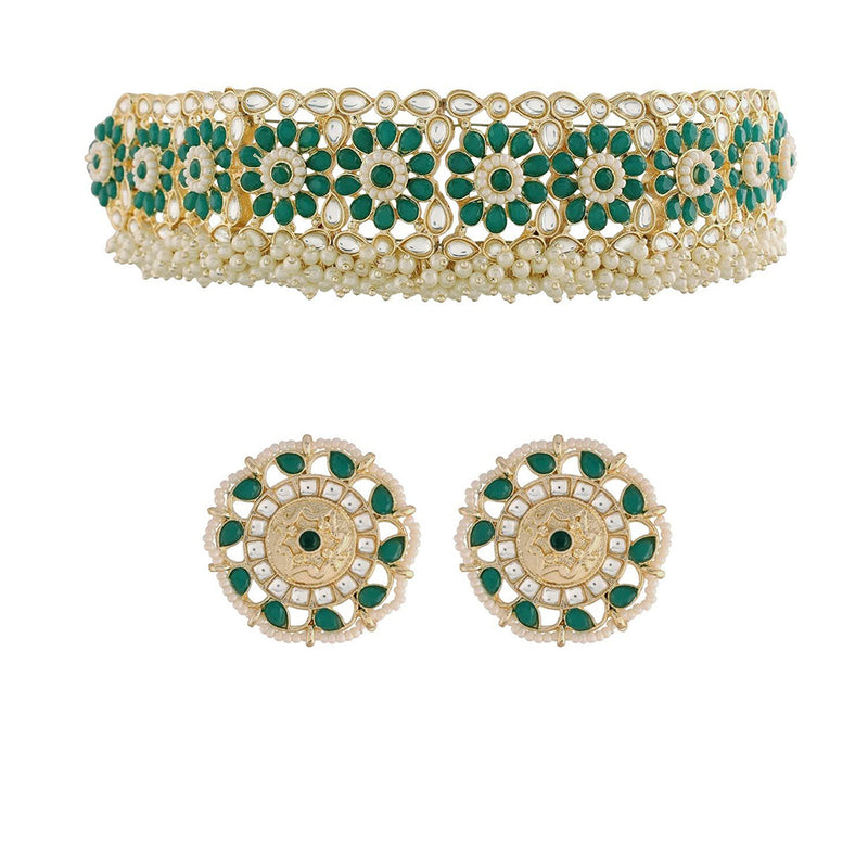 Etnico 18k Gold Plated Traditional Green Kundan & Pearl Studded Choker Necklace Jewellery Set For Women/Girls (K7208G)