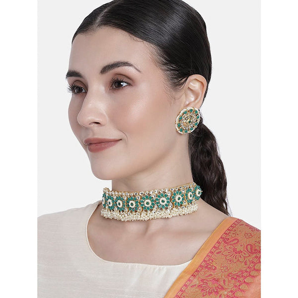 Etnico 18k Gold Plated Traditional Green Kundan & Pearl Studded Choker Necklace Jewellery Set For Women/Girls (K7208G)