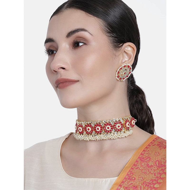 Etnico18k Gold Plated Traditional Ruby Kundan & Pearl Studded Choker Necklace Jewellery Set For Women/Girls (K7208Q)