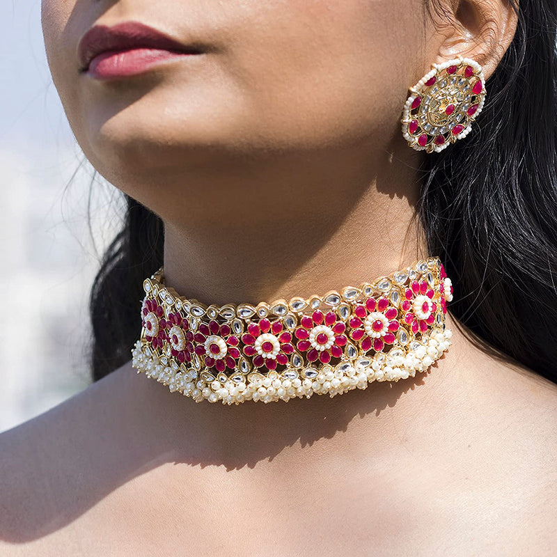 Etnico18k Gold Plated Traditional Ruby Kundan & Pearl Studded Choker Necklace Jewellery Set For Women/Girls (K7208Q)