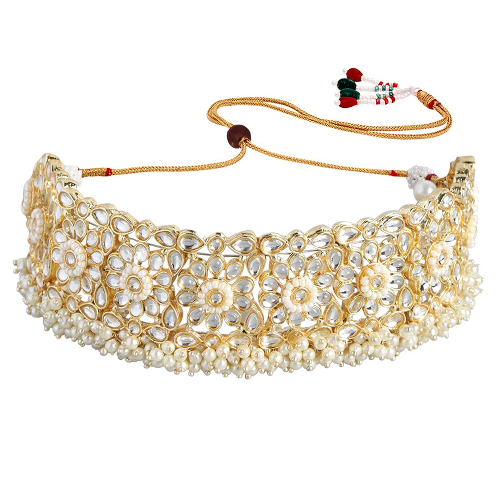 Etnico 18k Gold Plated Traditional White Kundan & Pearl Studded Choker Necklace Jewellery Set For Women/Girls (K7208W)