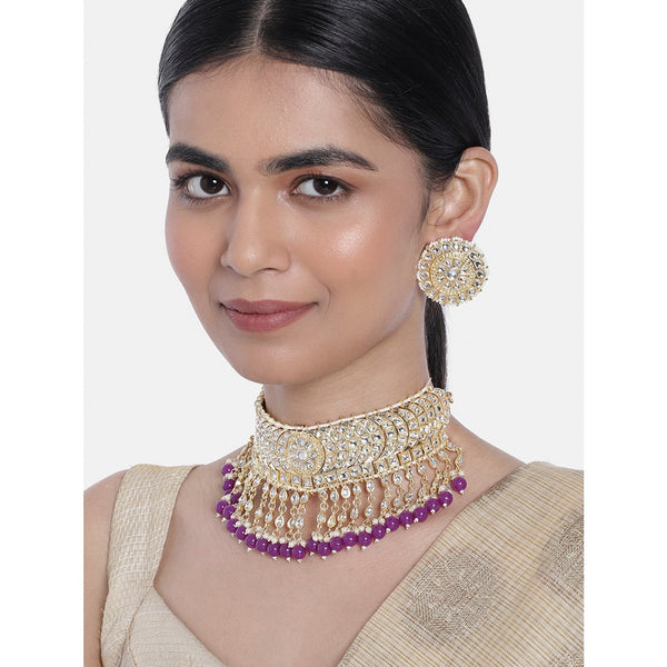 Etnico 18K Gold Plated Traditional Kundan & Pearl Studded Choker Necklace Set For Women/Girls (K7210Pu)