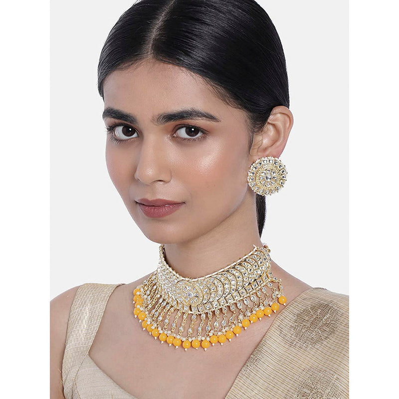 Etnico 18K Gold Plated Traditional Kundan & Pearl Studded Choker Necklace Set For Women/Girls (K7210Y)