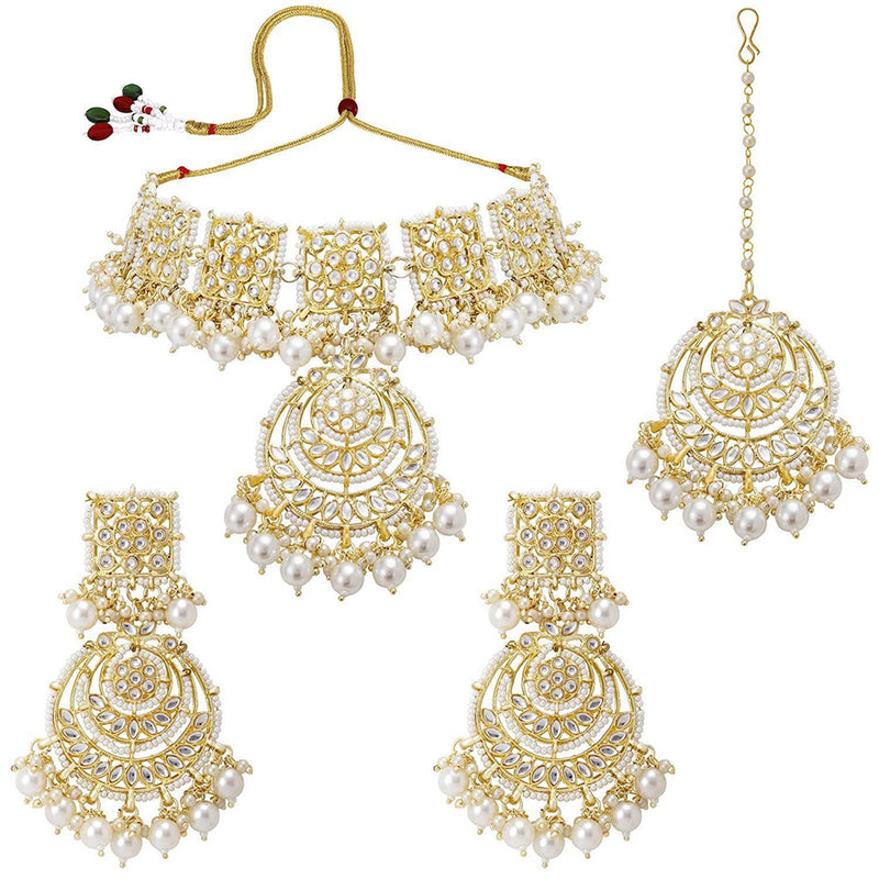 Etnico 18k Gold Plated Traditional Kundan & Pearl Studded Choker Necklace Jewellery Set for Women (K7214W)