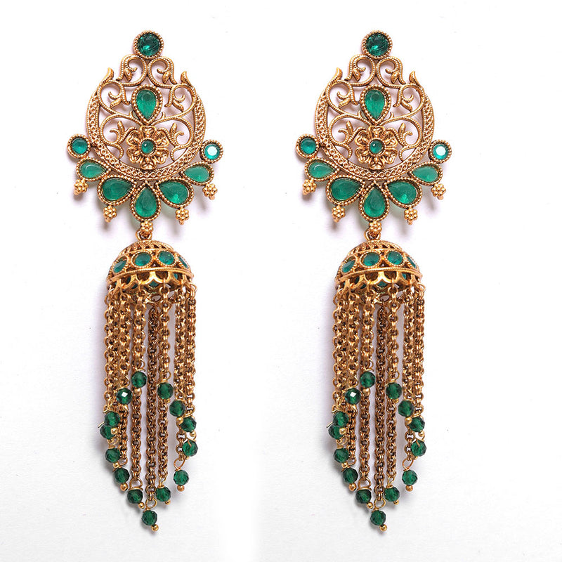 KAYAA TRADITIONAL GLAMOROUS GREEN EARINGS IN BRASS WITH CRYSTAL STONE AND DESIGNER Latkan