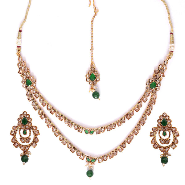 Kayaa Green Gold Tone Kundan Layered Necklace Set