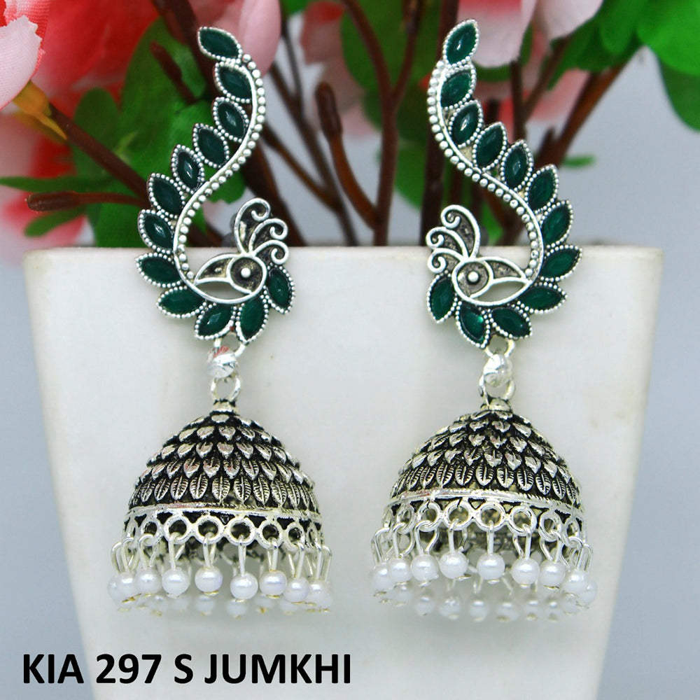 Mahavir Silver Plated Pota Stone And Pearl Jhumki Earrings