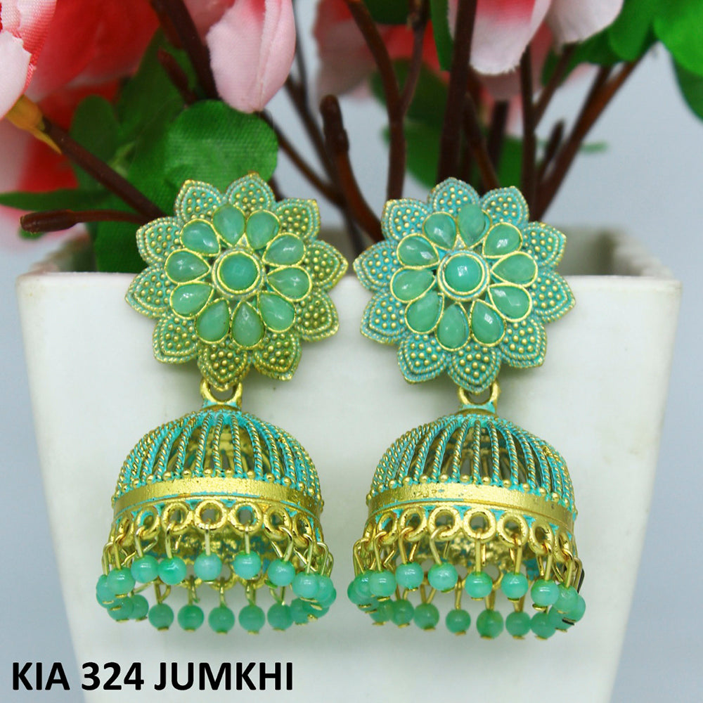 Mahavir Gold Plated Pota Stone And Meenakari Jhumki Earrings