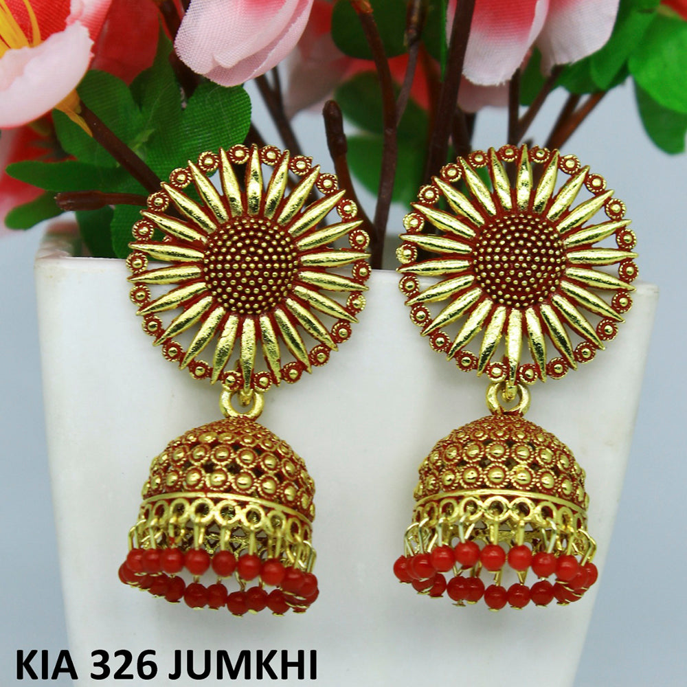 Mahavir Gold Plated Beads And Meenakari Jhumki Earrings