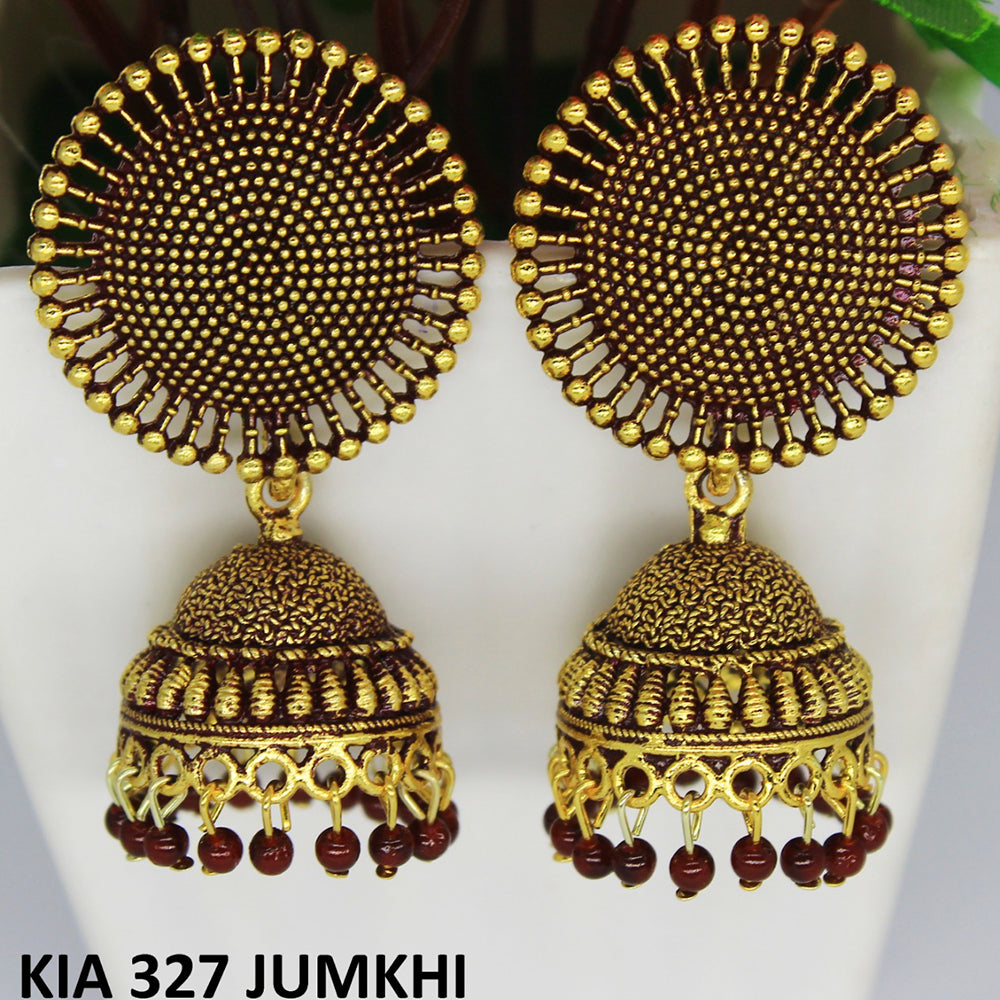 Mahavir Gold Plated Beads And Meenakari Jhumki Earrings