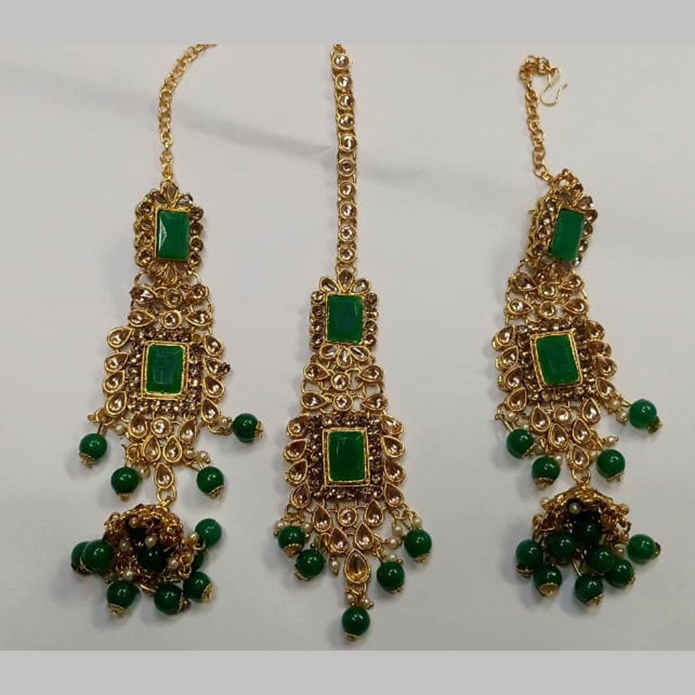 Kumavat Jewels Kundan Stone & Beads Dangler Earrings With Maang Tikka