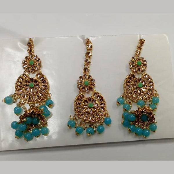 Kumavat Jewels Kundan Stone & Beads Dangler Earrings With Maang Tikka