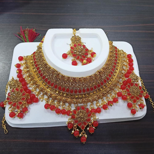 Kumavat Jewels Gold Plated Kundan And Beads Traditional Choker  Necklace Set with Maang Tikka -KJNECK05