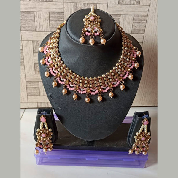Kumavat Jewels Gold Plated Austrian Stone And Beads Traditional Choker Necklace Set with Maang Tikka