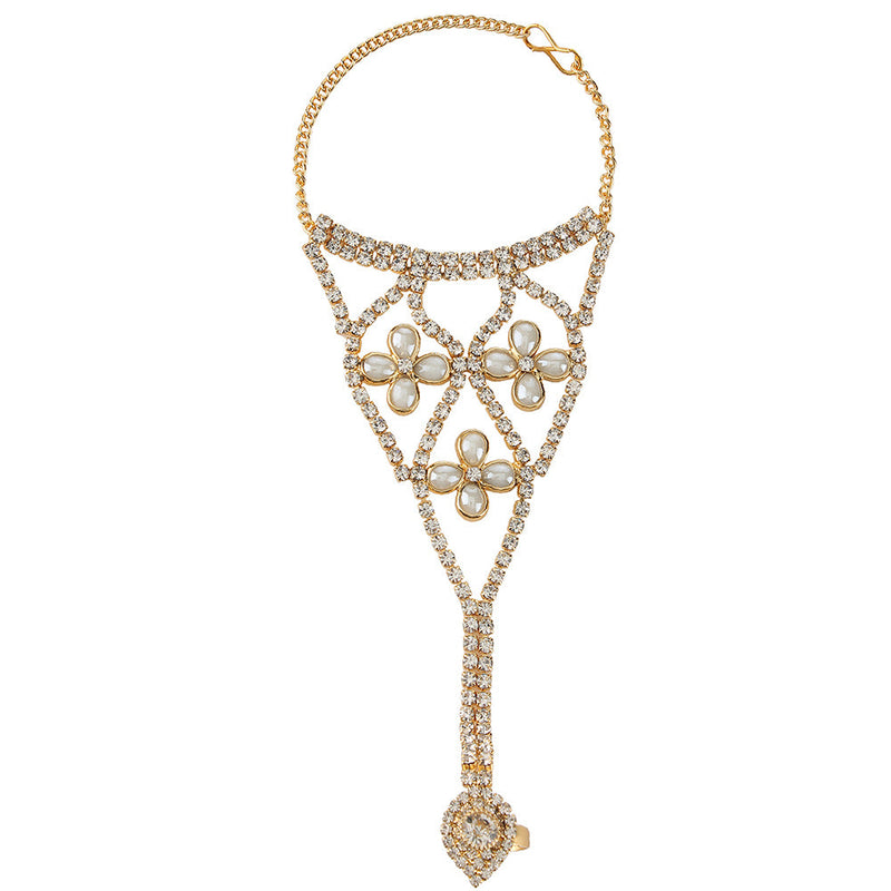 Kord Store Designer Paan & Flower Shape Ad Stone Gold Plated Hathphool For Women  - KSBRC40022