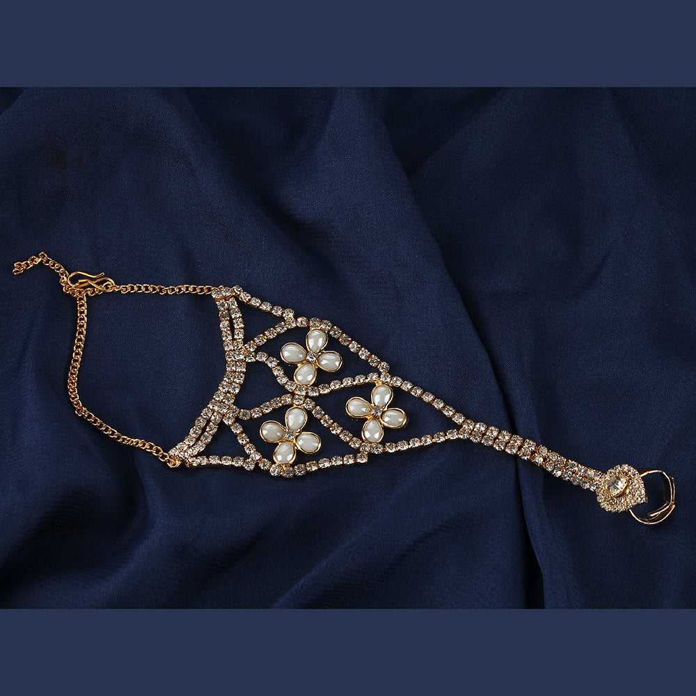 Kord Store Designer Paan & Flower Shape Ad Stone Gold Plated Hathphool For Women  - KSBRC40022