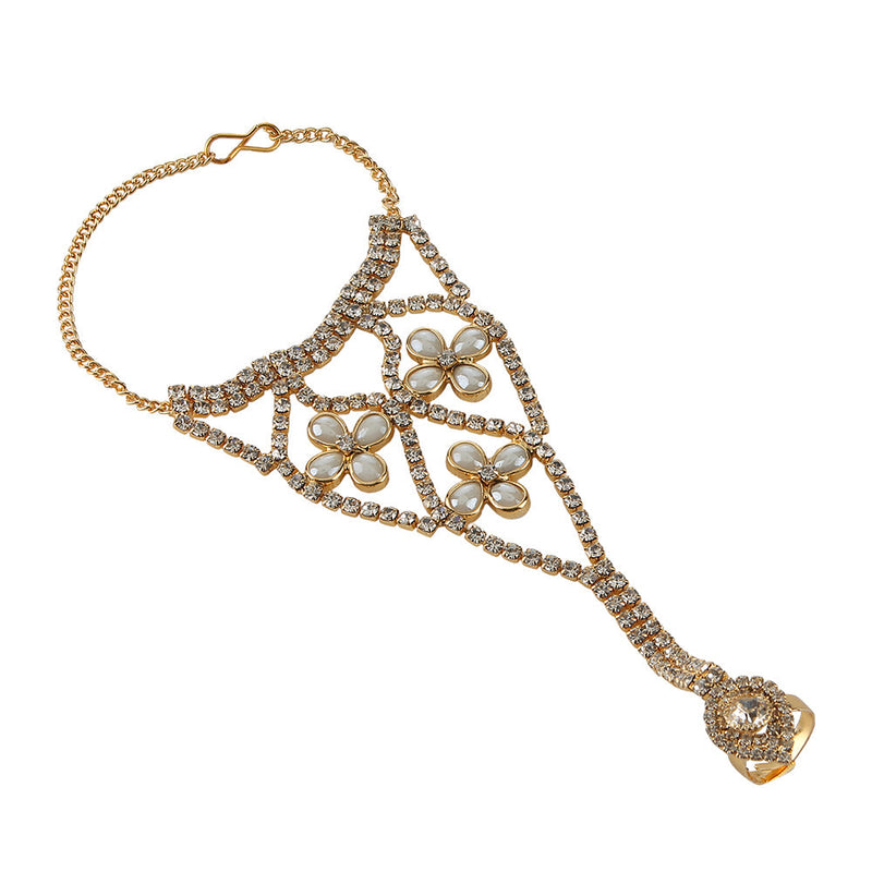 Kord Store Designer Paan & Flower Shape Ad Stone Gold Plated Hathphool For Women  - KSBRC40022