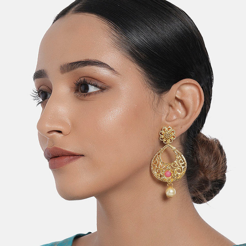 Kord Store Glamorous Pear Shape White Stone Gold Plated Chand Bali Earring For Women - KSEAR70133