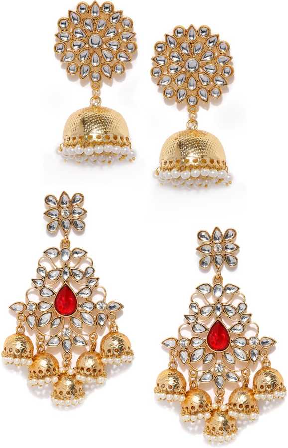 Kord Store Traditional Flower Design Gold Plated Jhumki/Chandilier Set of 2 Earring For Women  - KSJWLRYCOMBO143