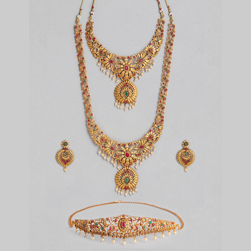 Kord Store Traditional Gold plated Ruby Green Necklace With Kamarbandh Combo Jewellery Set For Girls and Women