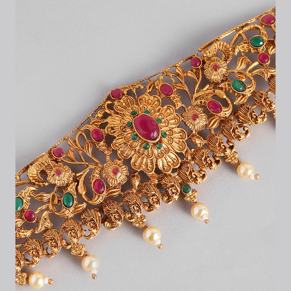 Kord Store South Indian Gold plated Ruby and Pearl Kamarbandh For Girls and Women
