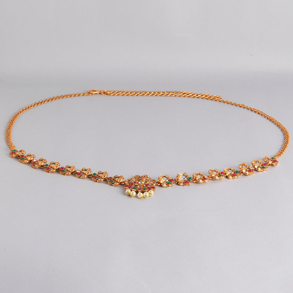 Kord Store Ethinic Gold plated Ruby and Pearl Kamarbandh For Girls and Women