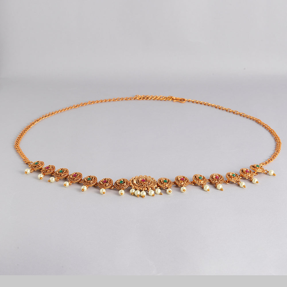 Kord Store Traditional Gold plated Ruby and Pearl Kamarbandh For Girls and Women