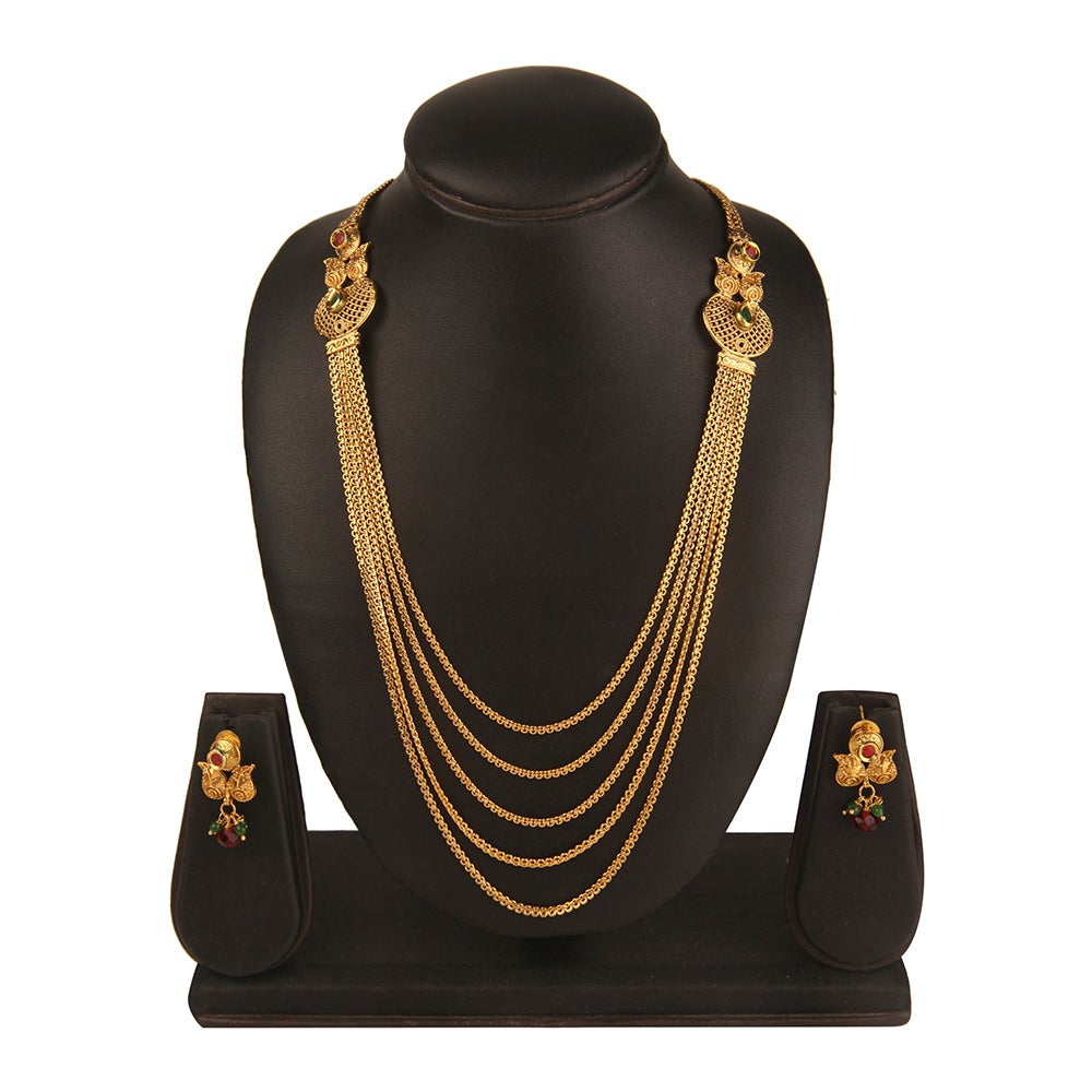 Kord Store Traditional 5 String Chain Gold Plated Long Haram Necklace Set For Women