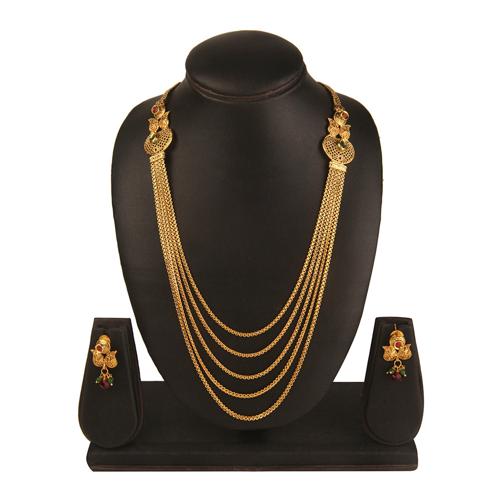 Kord Store Traditional 5 String Chain Gold Plated Long Haram Necklace Set For Women