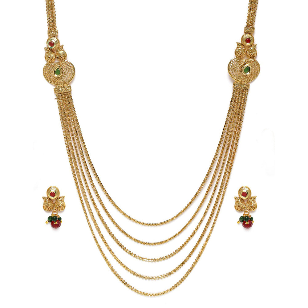 Kord Store Traditional 5 String Chain Gold Plated Long Haram Necklace Set For Women