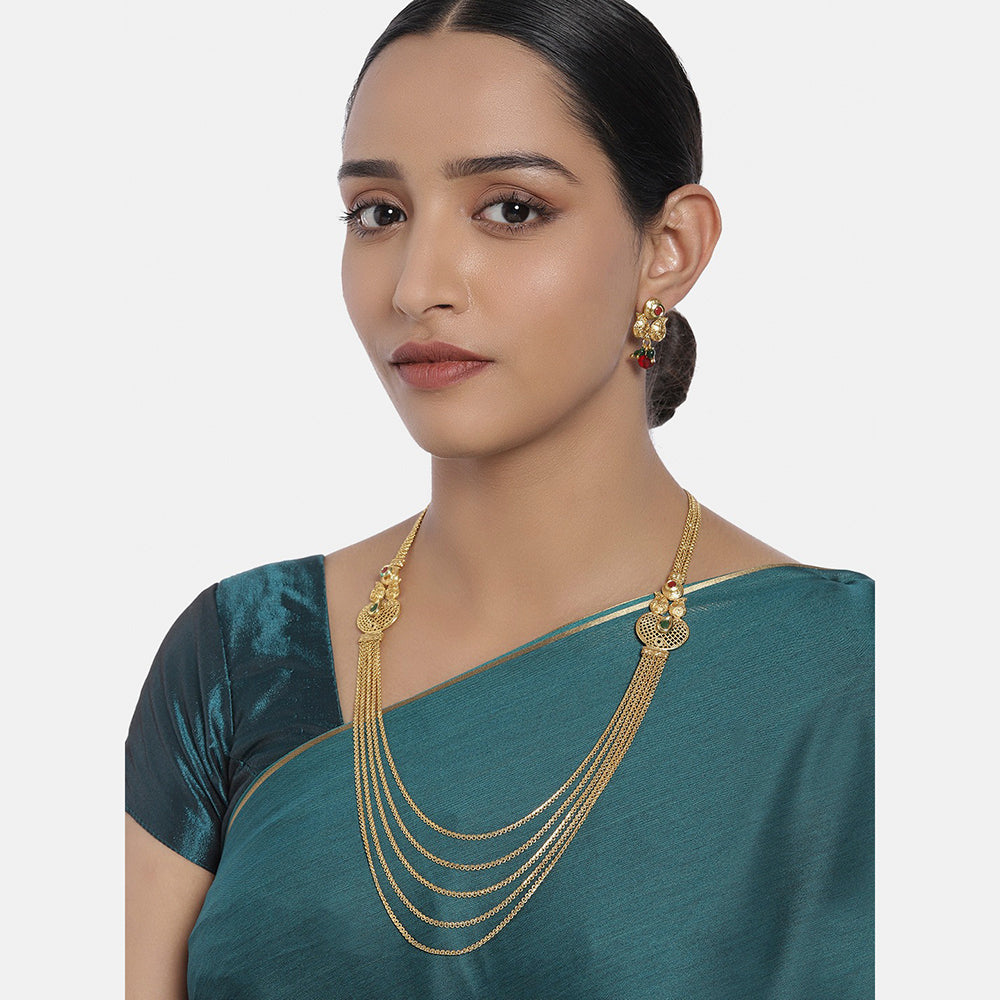 Kord Store Traditional 5 String Chain Gold Plated Long Haram Necklace Set For Women