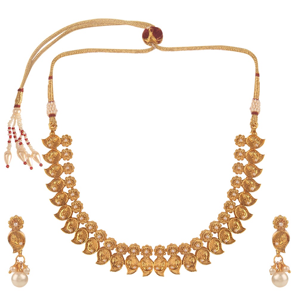 Kord Store Traditional Paisley & Flower Design Gold Plated Matinee Necklace Set For Women  - KSNKE60040