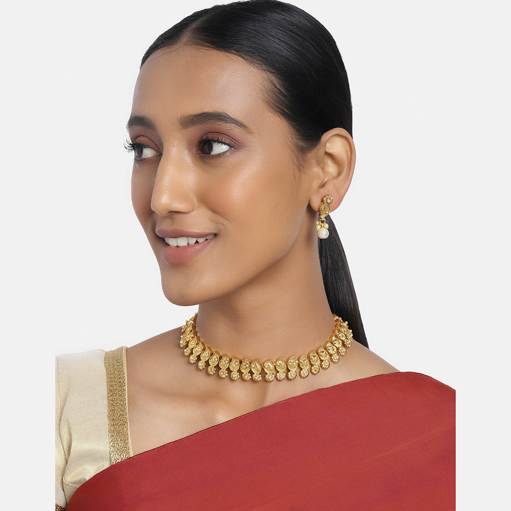 Kord Store Traditional Paisley & Flower Design Gold Plated Matinee Necklace Set For Women  - KSNKE60040