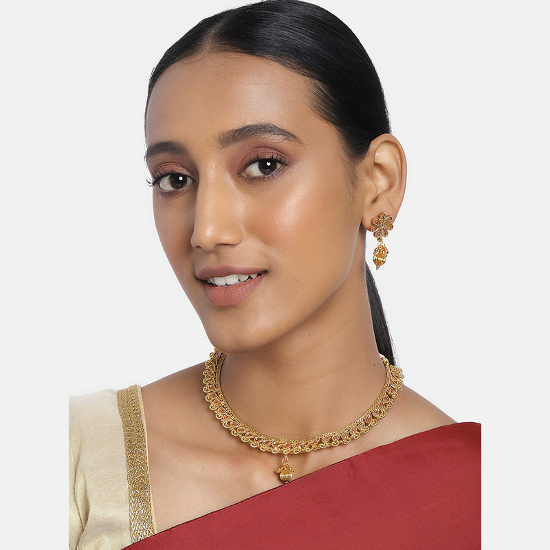 Kord Store Traditional Graceful Gold Plated Matinee Necklace Set For Women  - KSNKE60047